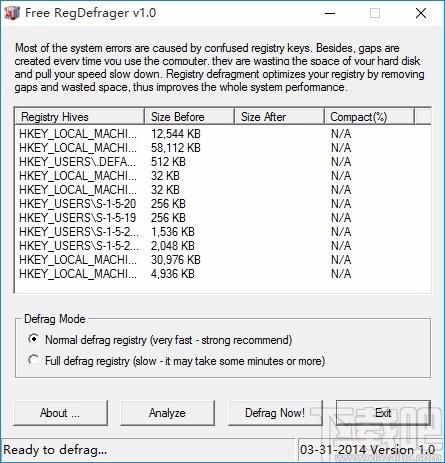 Free RegDefrager下载,注册表碎片清理软件,注册表碎片清理